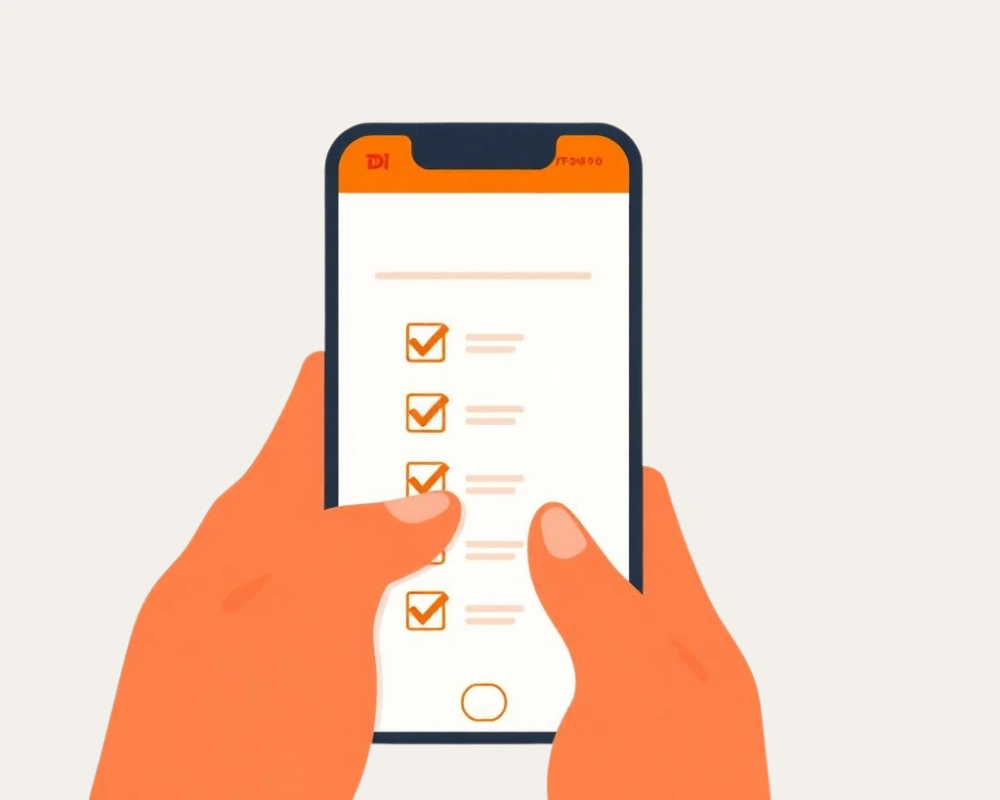 Ilustración de un celular con un cuestionario representando como te pedimos compartir la idea de negocio